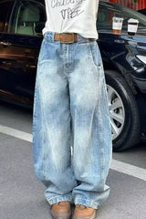 Curved Cut Wide Leg Distressed Jeans