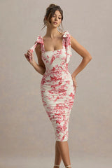 Vintage Print Ruched Midi Dress