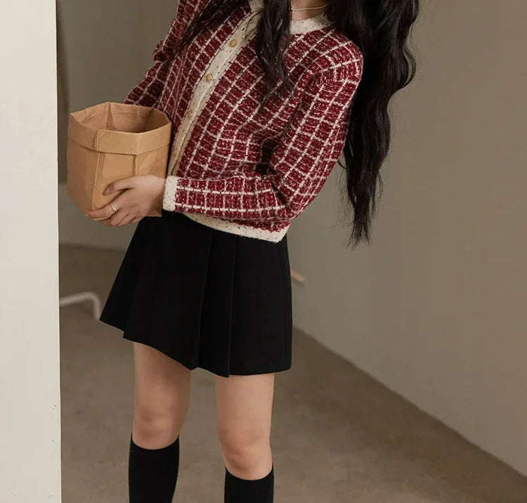 Plaid Tweed Retro Red O-Neck Cardigan Cardigan-241208