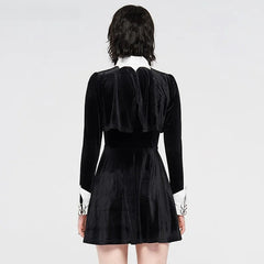 Robe noire gothique en velours à col blanc et col chauve-souris