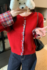 Red Plaid Contrast Round Neck Christmas Cardigan