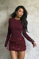 3D Floral Panel Long Sleeve Bodycon Mini Dress
