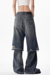 Distressed Layered Wide Jeans