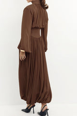 Chiffon Puff Sleeve Ruched Midi Dress