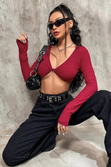 T-shirt bustier court sexy rayé à manches longues