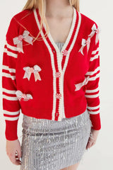 Sweet Bow V Neck Long Sleeve Christmas Cardigan
