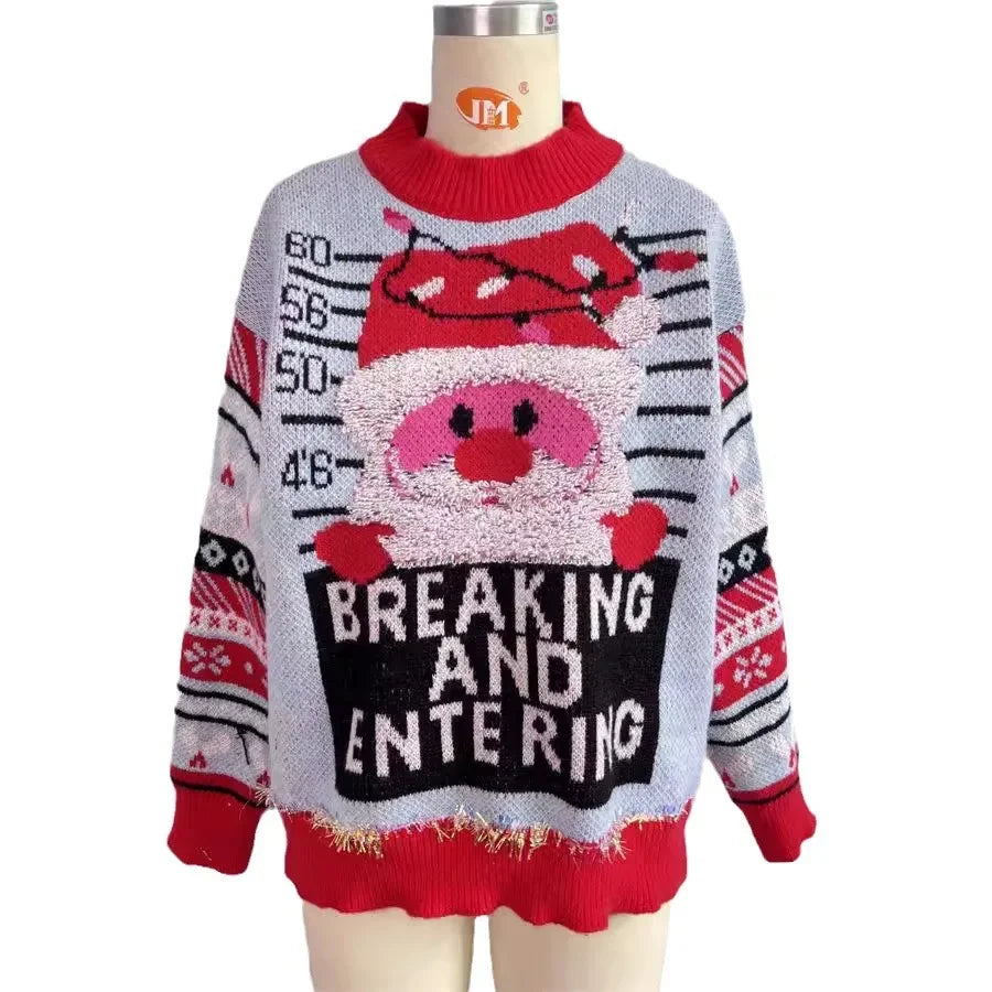 Jacquard Knit Thick Crew Neck Christmas Old Man Sweater Sweaters-L