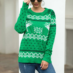 Round Neck Geometric Pattern Printed Xmas Christmas Party Green Sweater Sweaters-L