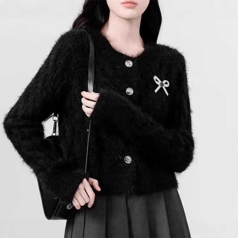 Fluffy Round Neck Bow Christmas Cardigan