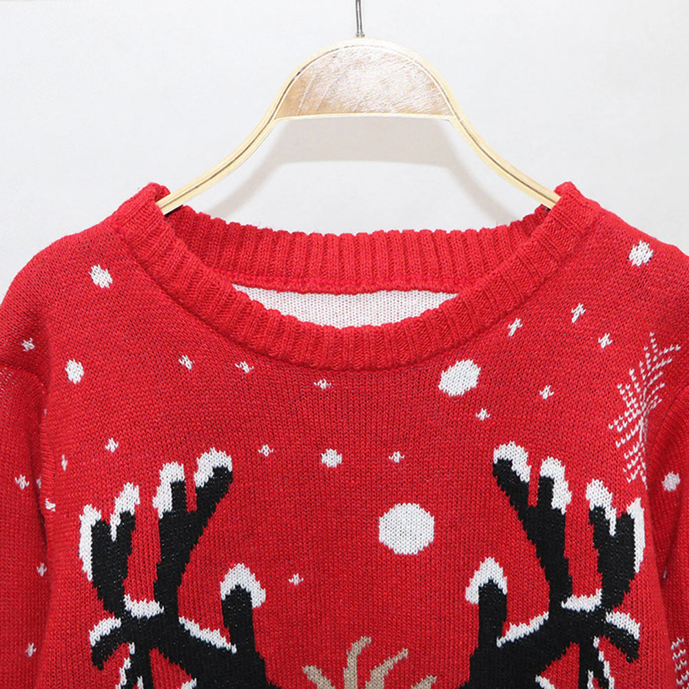 Warm Long Sleeves Fur Collar Cartoon Reindeer Print Christmas Sweater Sweaters-L