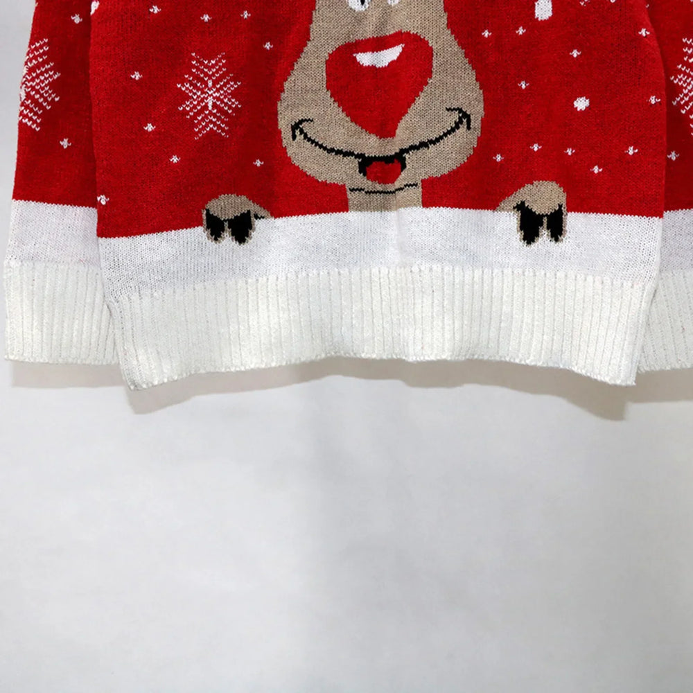 Warm Long Sleeves Fur Collar Cartoon Reindeer Print Christmas Sweater Sweaters-L