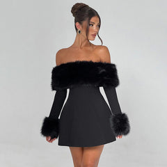 Fur Collar off Shoulder Slim Slimming A line Dress