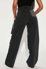 Jean taille haute à patchwork contrasté