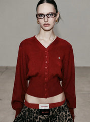 Vintage Embroidered Round Neck Cardigan Red / S Cardigan-241208