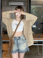 Manteaux d'été fins et amples à bretelles pour femmes, tricotés avec protection solaire et ajourés