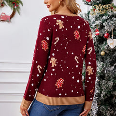 Cute Sweet Gingerbread Man Pattern Loose Fitting Casual Christmas Sweater Sweaters-L