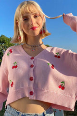 Cardigan à boutons brodé de cerises