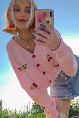 Cardigan à boutons brodé de cerises