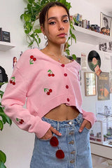 Cardigan à boutons brodé de cerises