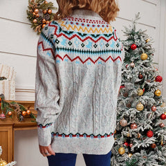 Vintage Striped Long Sleeve Jacquard O-Neck Loose Christmas Sweater Sweaters-L