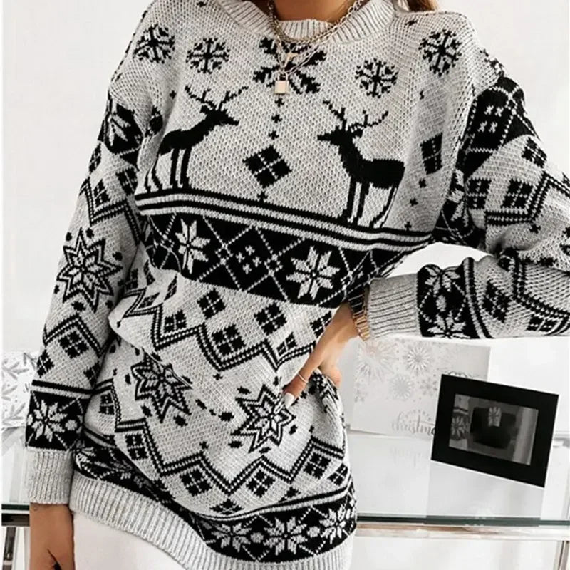 Deer Print Casual Loose Long Sleeve O Neck Warm Jacquard Knitwear Christmas Sweater Sweaters-L