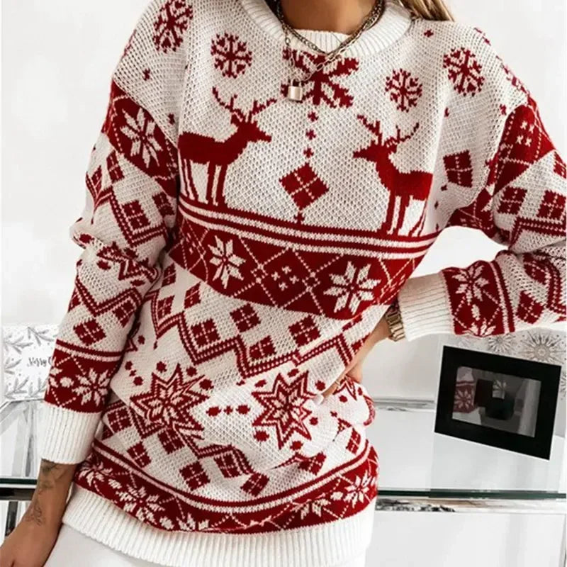 Deer Print Casual Loose Long Sleeve O Neck Warm Jacquard Knitwear Christmas Sweater Sweaters-L