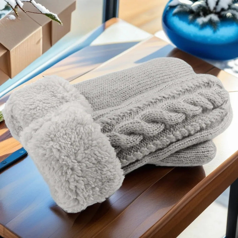 Warm Full Finger Thickened Winter Knitted Fleece Christmas Gloves For Men And Women Gray Gloves-L