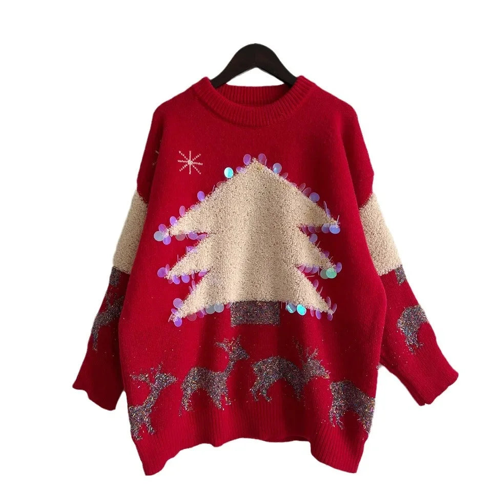 Handmade Sequins Christmas Tree Little Deer Jacquard Thickened Crew Neck Sweater Sweaters-L