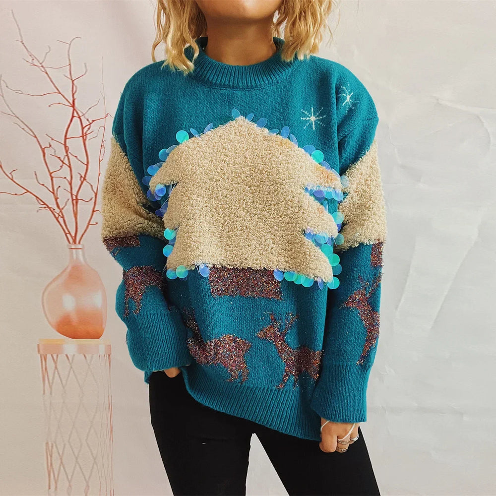 Handmade Sequins Christmas Tree Little Deer Jacquard Thickened Crew Neck Sweater Blue / S Sweaters-L