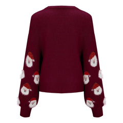 Round Neck Casual Oversized Warm Christmas Santa Head Sweater Sweaters-L