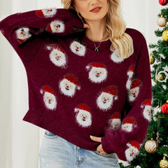 Round Neck Casual Oversized Warm Christmas Santa Head Sweater Sweaters-L