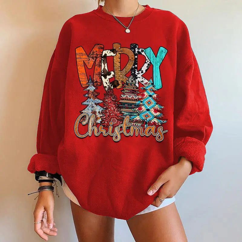 Letter Tree Print Round Neck Fleece Anime Christmas Hoodie - Large Size Red / S Hoodies-L