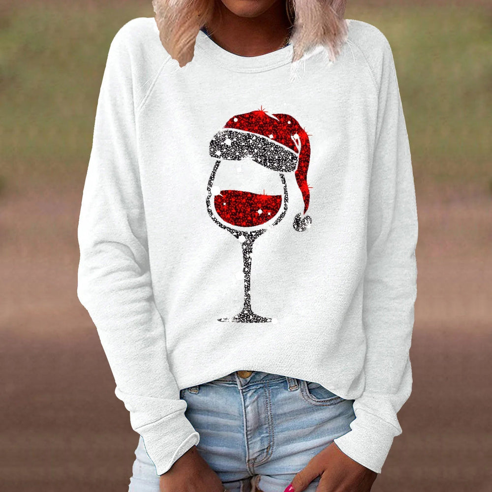 Red Wine Casual Round Neck Long Sleeve Christmas Hoodie White / S Hoodies-L