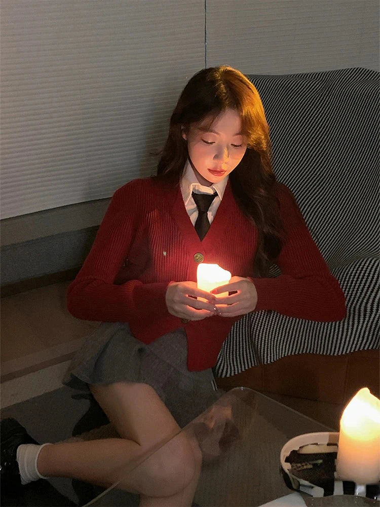 Y2K Red Crop V-Neck Cardigan Cardigan-241208