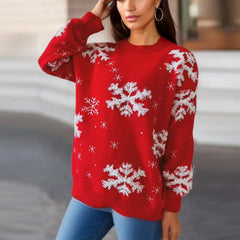Snowflake Embroidered Round Neck Long Sleeve Crossbody Christmas Sweater Sweaters-L