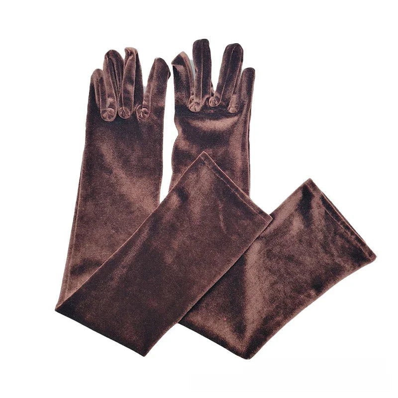 Velvet Ladies Warm Long Retro Dance Stage Etiquette Winter Christmas Gloves Brown Gloves-L