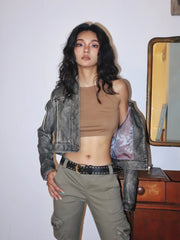 Vestes courtes en cuir délavé vintage, coupe slim tendance