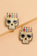 Boucles d'oreilles tête de mort colorées en strass et perles
