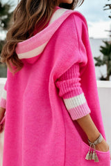 Cardigan long à capuche contrastée et ouverte sur le devant