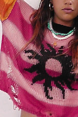 Pull délavé à rayures contrastées et patchwork