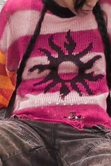 Pull délavé à rayures contrastées et patchwork