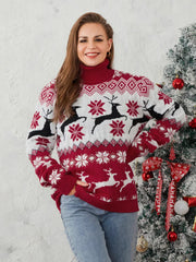 Couples Elk Print Long Sleeve Turtleneck Warm Knitted Christmas Sweater Sweaters-L