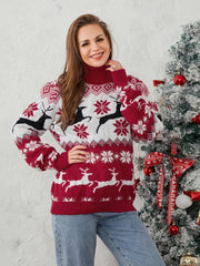 Couples Elk Print Long Sleeve Turtleneck Warm Knitted Christmas Sweater Sweaters-L