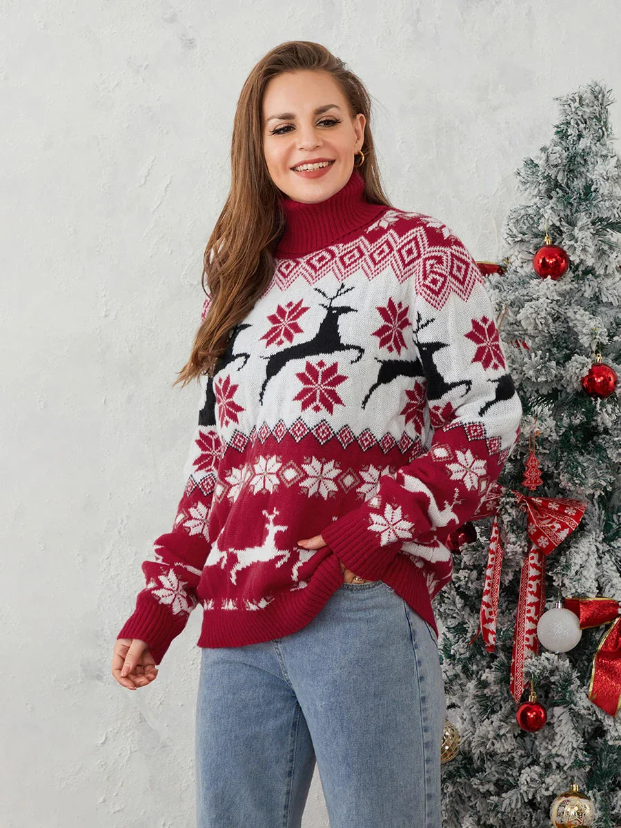 Couples Elk Print Long Sleeve Turtleneck Warm Knitted Christmas Sweater Sweaters-L