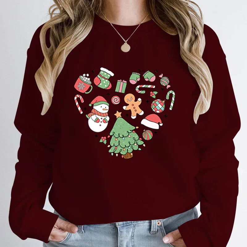 Cute Heart Tree Snowman Fashion Loose Round Neck Christmas Hoodie Burgundy / S Hoodies-L