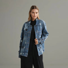 Vestes streetwear à manches longues, col simple boutonnage, patchwork en denim