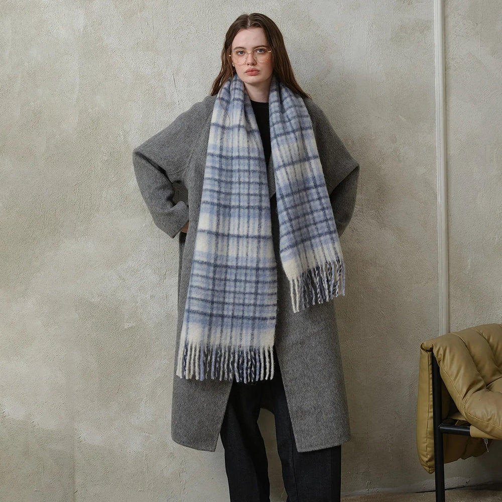 Korean Premium 30% Wool Red Plaid Tassels Mohair Warm Scarf Navy And Blue Scarfs-L