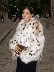 Contrast Stand Collar Faux Fur Coat Coats-241208