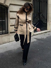 Contrast Woolen Belted Coat