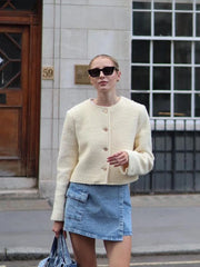 Manteaux élégants en tweed uni, col rond, simple boutonnage, manches longues